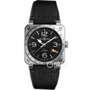 BR 1比1 柏萊士機械表，高仿柏萊士 Bell & Ross，柏萊士AVIATION系列BR 03-93 GMT腕錶，精鋼方形錶殼，藍寶石玻璃，牛皮錶帶手錶