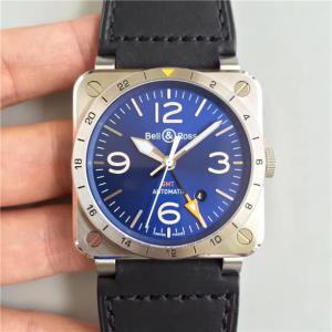 一比一 BR 柏萊士機械手錶，精仿柏萊士Bell & Ross，柏萊士AVIATION系列BR03-93 GMT腕錶，藍色精鋼方形錶殼，藍寶石玻璃，牛皮錶帶手錶