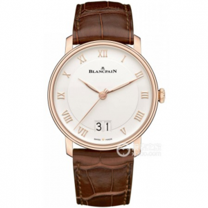 寶珀Blancpain機械玫瑰金男表，高仿珀經典系列6669-3642-55B腕錶，白色錶盤，18k玫瑰金-精鋼，牛皮錶帶，復刻原裝表扣，精仿表