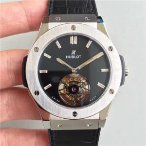 精仿一比一宇舶陀飛輪機械男錶,超A復刻恆寶(HUBLOT)宇舶經典融合系列505陀飛輪腕錶,拉絲精鋼錶殼,黑色錶盤鑽刻度,MHUB6011真陀飛輪手動機芯