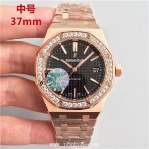 1:1 AP愛機械女錶 高仿愛彼皇家橡樹系列15452OR腕錶,37mm,適合男女配戴,1比1正品復刻,18k玫瑰金鑲鑽錶殼,黑面,仿瑞士名表