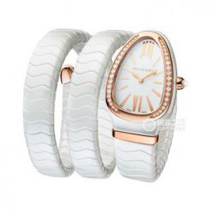 Bvlgari寶格麗蛇形時尚女士石英腕錶 寶格麗SERPENTI系列白色陶瓷腕錶腕錶，白色陶瓷，明亮式切割鑽石的18K玫瑰金錶圈,個性女表