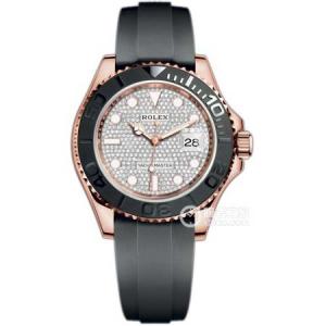 2019新款ROLEX手錶,V9版勞力士yacht master遊艇名仕型系列m116655腕錶,玫瑰金錶殼,鑽石錶盤,原廠復刻黑色陶瓷圈雙向旋轉,橡膠表帶