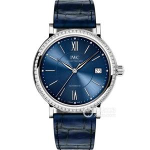 MK廠IWC萬國機械女表,IWC萬國表柏濤菲諾系列IW458111腕錶,精鋼鑲鑽錶殼,藍盤,自動機心,鑲鑽外圈, 1比1開模,義大利小皮錶帶,高檔女表