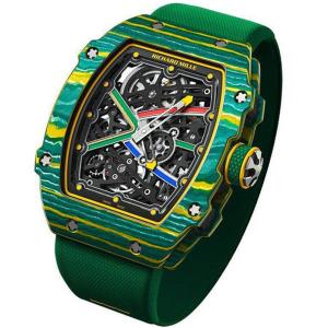 超级理查碳纖維男表，RM里查德米爾男士系列RM 67-02腕錶，NTPT碳纖維材料錶殼，原裝西鐵城機芯，複雜鏤空錶盤，綠色錶殼錶帶，個性十足