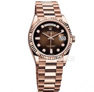 EW勞力士手錶36MM=ROLEX星期日曆型m128235-0037漸變咖啡色、朱古力錶盤,1比1開模3255自動機械機芯,電鍍18K玫瑰金,NOOB最強完美版