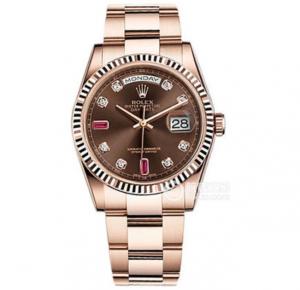 EW勞力士手錶36MM=ROLEX星期日曆型118235巧克力色鑲鑽紅寶石錶盤,1比1開模3255自動機械機芯,電鍍18K玫瑰金,NOOB最強完美版