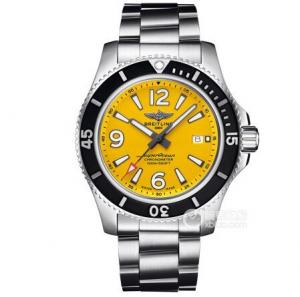 TF潛水錶，夏天游泳配帶百年靈手錶,超級海洋自動機械腕錶A17367021I1A1,黄色表面，44mm精鋼錶殼錶帶，超強夜光顯示
