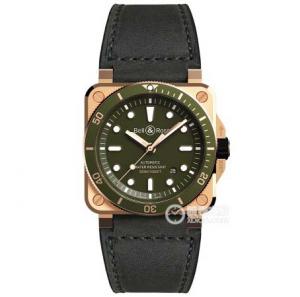 BR柏萊士INSTRUMENTS系列BR0392-D-G-BR/SCA腕錶， 鍍玫瑰金錶殼，綠色陶瓷圈加綠色表面，超強夜光，方形男式個性腕錶