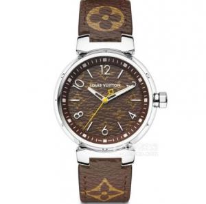 LV工廠路易·威登TAMBOUR系列女式腕錶，34毫米LV花紋經典棕色表面，氣質大牌名表，頂級品質