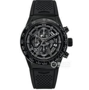 泰格豪雅卡萊拉HEUER 01,全黑色陶瓷手錶，鏤空多功能計時錶盤，進口膠帶，複雜而運動男式手錶