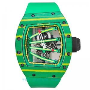 RM里查德米勒RM59，綠色NTPT特別材質防護表殼，配置鏤空真陀飛輪機心腕錶，飛輪是帶擎動軸自轉，價格小貴